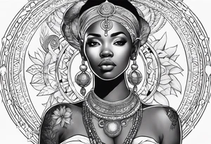 Black woman, enlightenment, wisdom, astronomy, cancer zodiac, natural, full arm tattoo idea