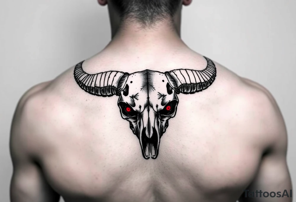 Evil Abstract looking taurus skull chest tattoo with red eyes tattoo idea Evil Abstract looking taurus skull chest tattoo with red eyes tattoo idea