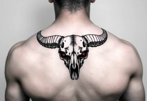 Evil Abstract looking taurus skull chest tattoo with red eyes tattoo idea