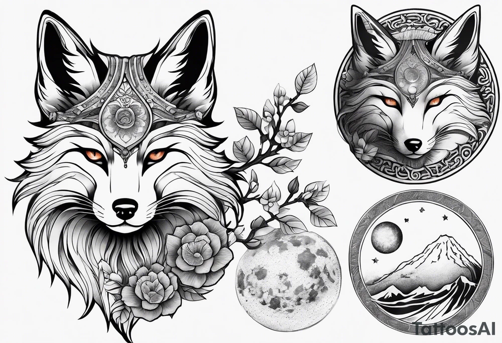 kitsune japonesa em forma de raposa com sua máscara e as fases da lua tattoo idea