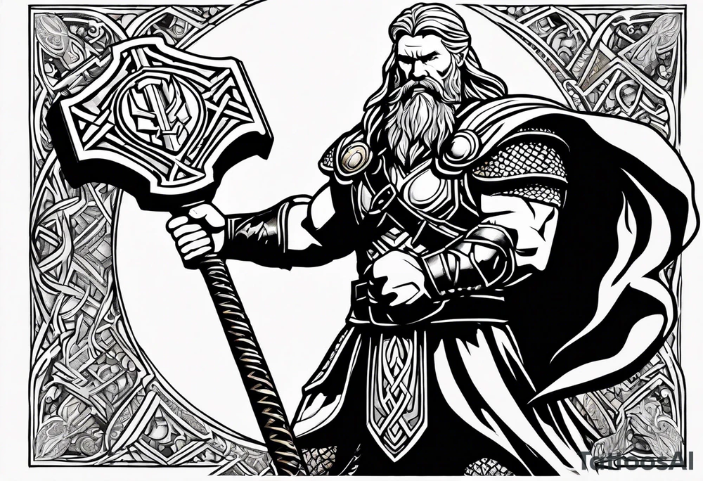 Thor with him holding mjolnir and a vignette of viking rune design tattoo idea
