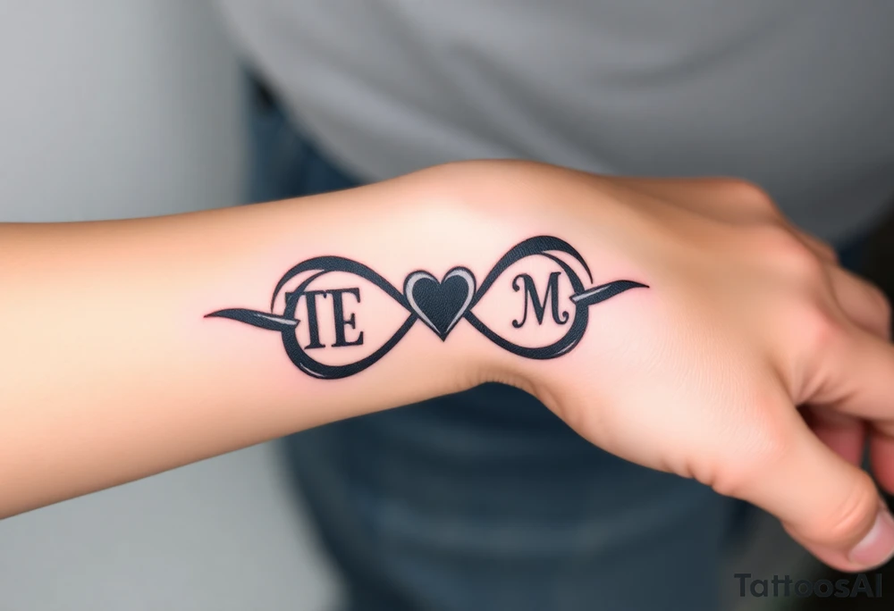 An infinity symbol with two initials T and M on each loop and a tiny heart in the center in black ink tattoo idea