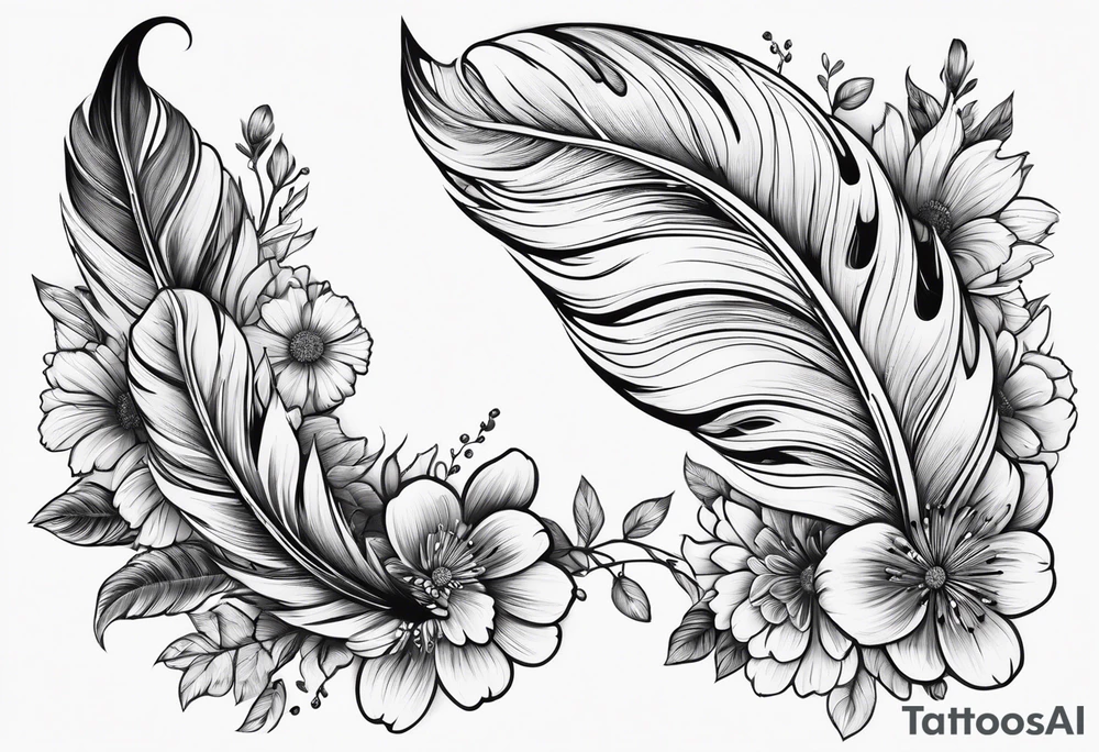 Dainty feather lined upwards with flowers tattoo idea