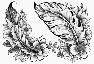 Dainty feather lined upwards with flowers tattoo idea