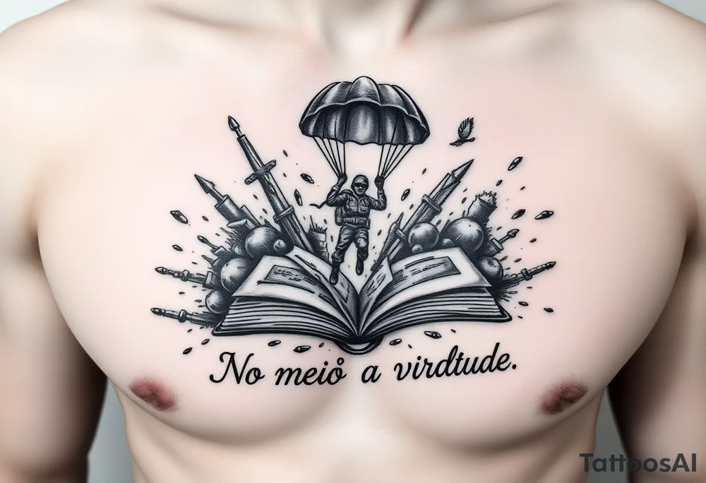 A parachuting soldier landing into an open book. Chaos surrounding, but the book is protecting the soldier from it. On the chest. Make it smaller. Thought provoking. 1936-2020- "No meio esta a virtude" underneath the book tattoo idea