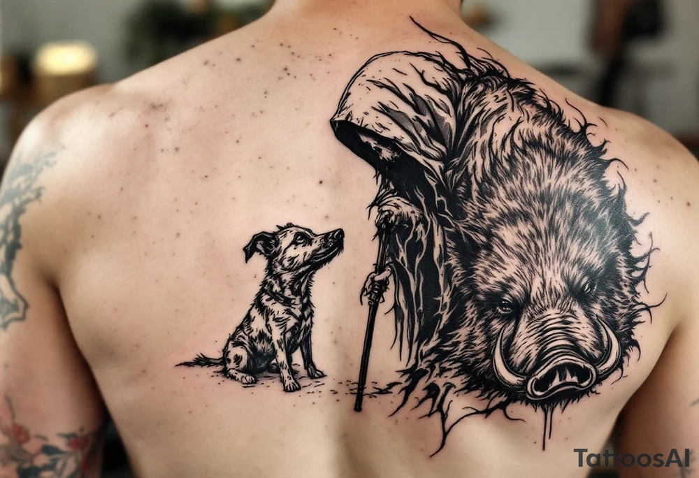 Grim reaper looking down on a hunting dog sending in a big feral boar saying ‘your time has come’ tattoo idea