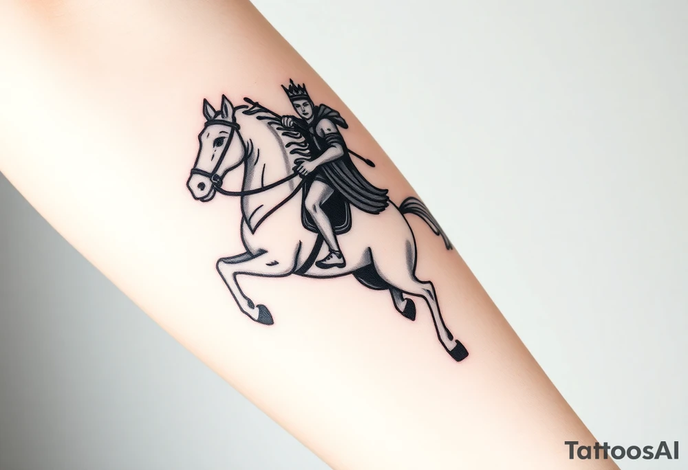 Generate an image of conquest on a white horse. Use this passage from Revelations: "And I saw, and behold a white horse: and he that sat on him had a bow; and a crown was given unto him: and he went forth conquering, and to conquer". Include the rider on a white horse wearing a crown and carrying a bow. Make it photorealistic tattoo idea