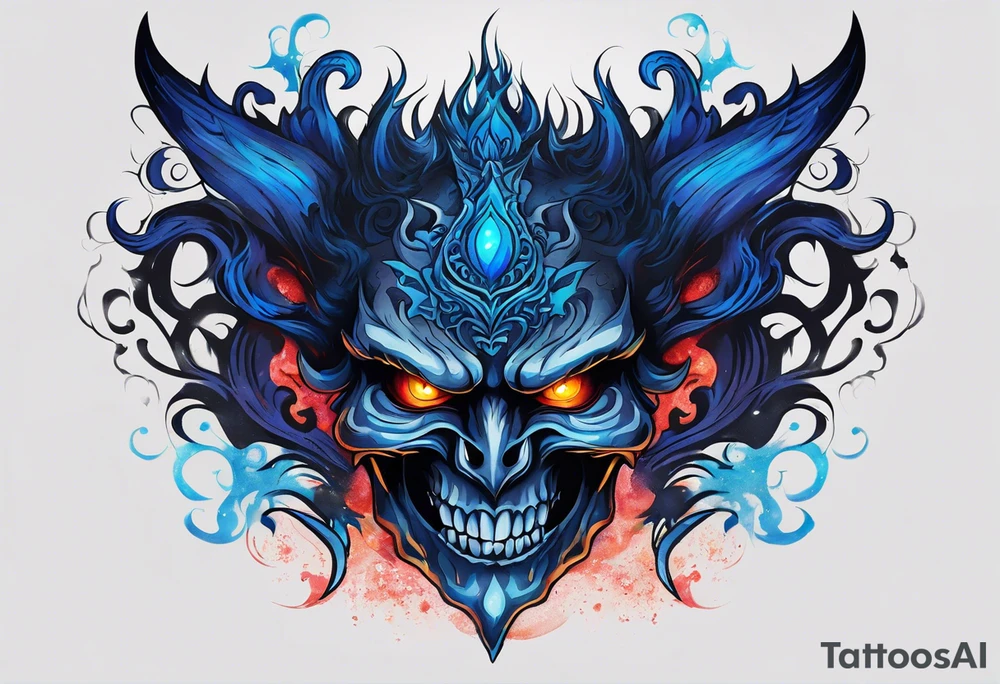 a demonic face with blue flames as majestic crown, deep set glowing galaxy styled eyes, skull faced with slightly open mouth and slight sliver of fangs, tattoo idea