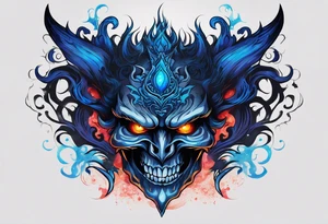 a demonic face with blue flames as majestic crown, deep set glowing galaxy styled eyes, skull faced with slightly open mouth and slight sliver of fangs, tattoo idea