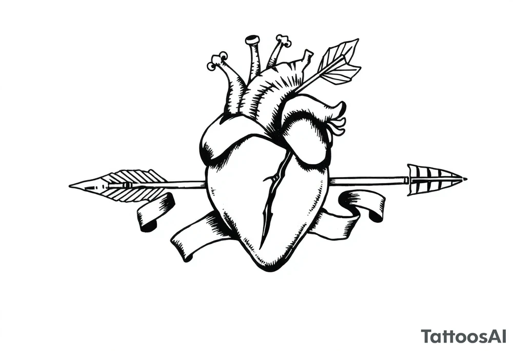 anatomical heart pierced by ornate arrow with flowing ribbons tattoo idea