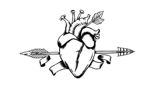 anatomical heart pierced by ornate arrow with flowing ribbons tattoo idea