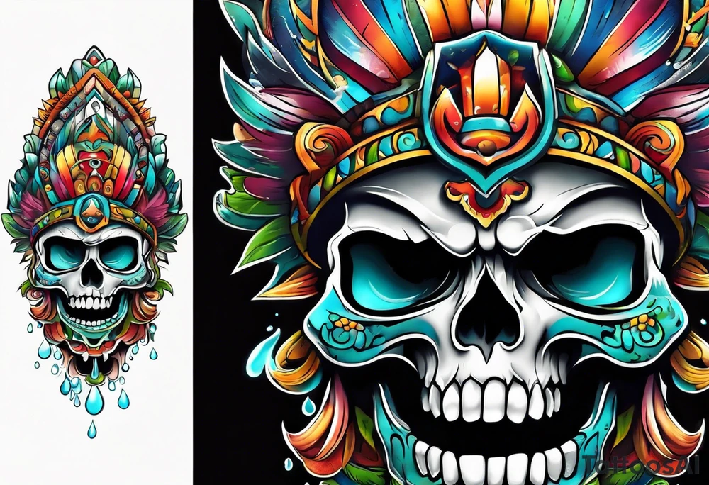 Colorful Mayan scull with water coming out of mouth tattoo idea