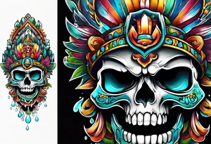 Colorful Mayan scull with water coming out of mouth tattoo idea