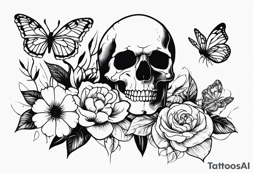 Skull tattoo with a large scorpion, butterflies, and flowers tattoo idea