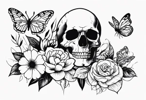 Skull tattoo with a large scorpion, butterflies, and flowers tattoo idea