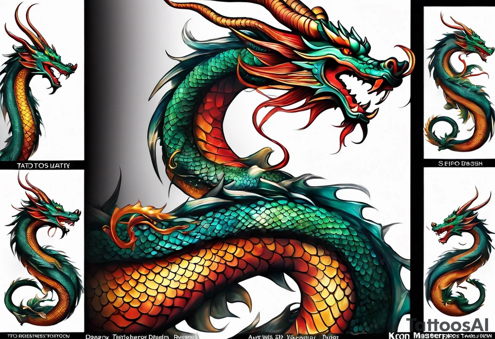 An epic floating asian dragon. Its long body coiling dynamically, with scales and horns detailed to create a sense of movement and strength. The dragon's color is giving a vibrant depth and a mystical aura. This tattoo highlights the dragon’s fierce expression and sharp claws. tattoo idea