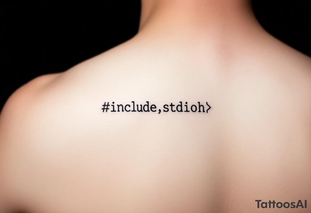 Minimalist black tattoo of the text "#include <stdio.h>" on a human wrist. Clean monospace font (programming style), thin lines, sharp and precise lettering. No colors, only solid black ink. Realistic skin texture, natural wrist curvature, subtle lighting. Simple and elegant composition, no additional elements or decorations. Focus on clarity and readability of the code text. tattoo idea