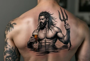 young, fit poseidon in calm water, holding a trident, drinking a beer, with a barefoot tattoo on his bicep tattoo idea