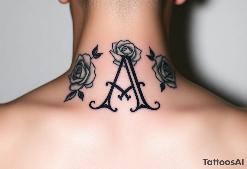 Create a throat tattoo using old english font of Letter A with subtle rose background tattoo idea