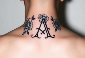 Create a throat tattoo using old english font of Letter A with subtle rose background tattoo idea