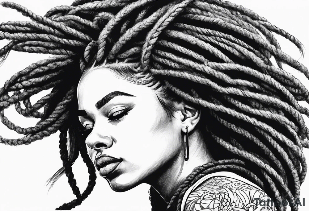 Draw a women head with real dread locks flying in the air, tattoo idea
