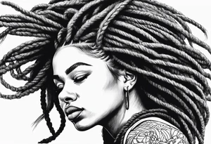 Draw a women head with real dread locks flying in the air, tattoo idea