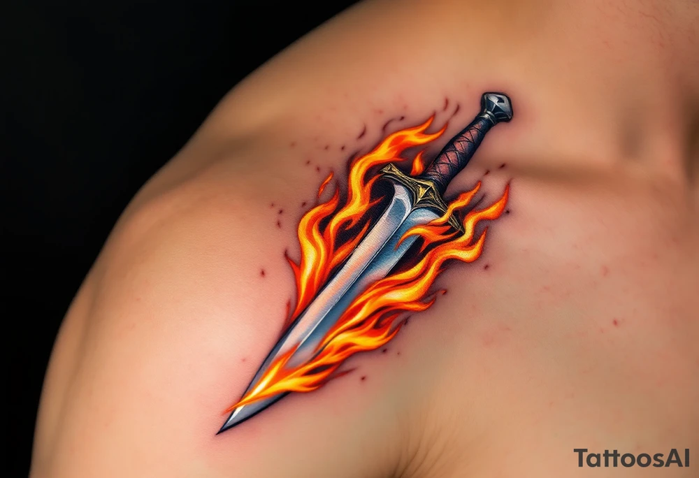 Dagger in Fire – A dagger engulfed in flames of orange, yellow, and red, with the blade in polished steel contrasting against the fiery background. The flames are vivid, wrapping around the dagger in a dynamic motion. tattoo idea