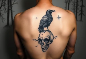 a raven stands on a skull, a forest in the background. tattoo idea