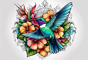 botanical, flowers, colorful, different, hummingbird, dot, mandala background tattoo idea
