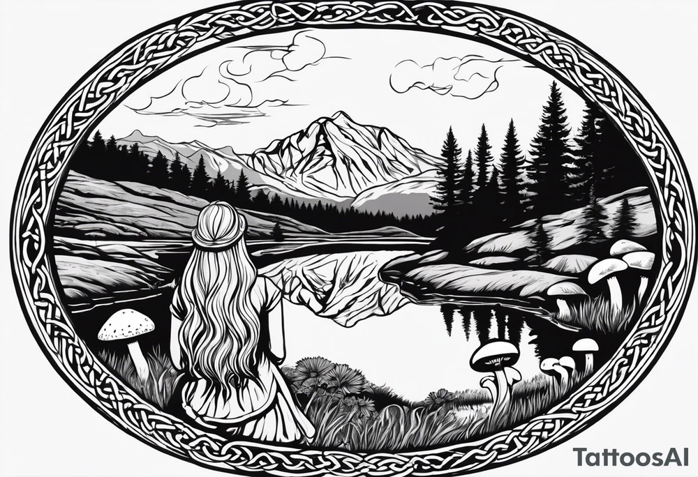Whole picture encircled fully

Straight long blonde hair hippie girl in distance holding mushrooms in hand facing away toward mountains and creek surrounded by mushrooms long sleeve shirt and hiking pants; whole rendering within a full celtic circle, no cut off circle tattoo idea