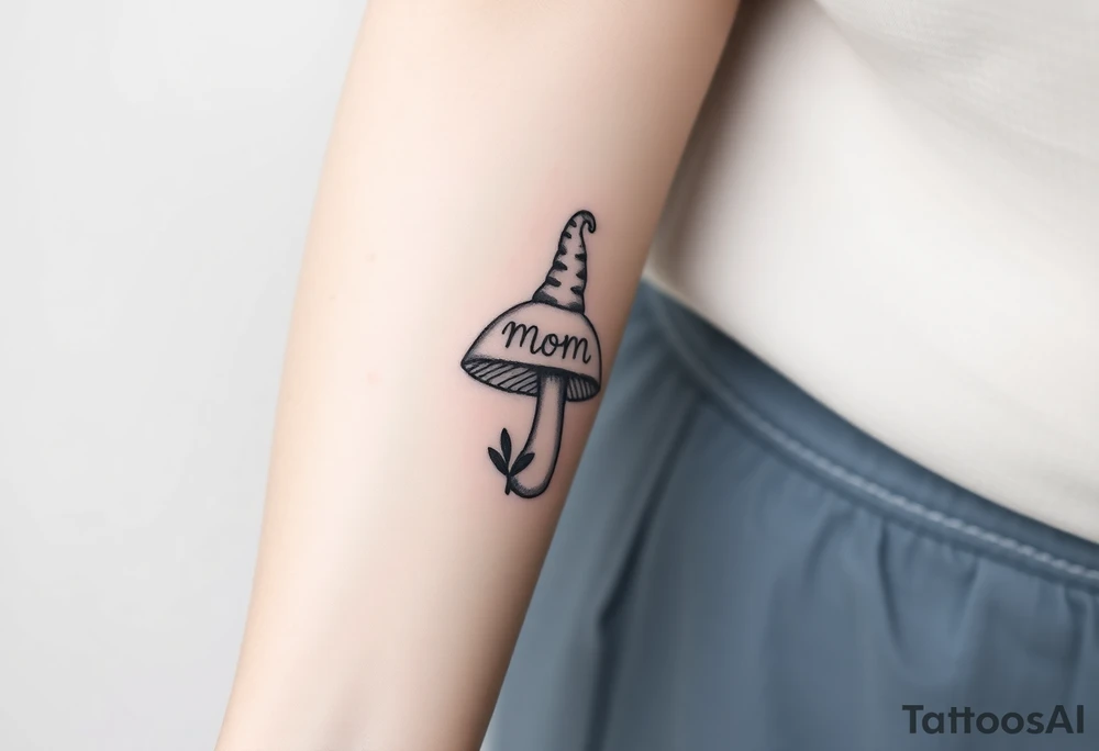 Mushroom with word mom on it with gnome on top tattoo idea