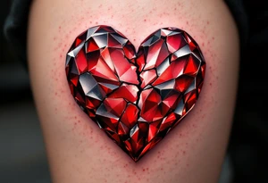 A heart-shaped crystal with a shattered effect, glowing in deep ruby red and silver, symbolizing how love makes us whole. tattoo idea