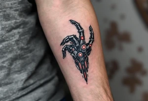 A realistic biomechanical hand tattoo in metallic silver and deep gunmetal with red LED-like highlights mimicking robotic joints. tattoo idea