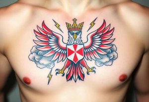 A red and white The Moravian eagle  with golden crown on its head surrounded by a storm, with dark clouds and lightning bolts tattoo idea