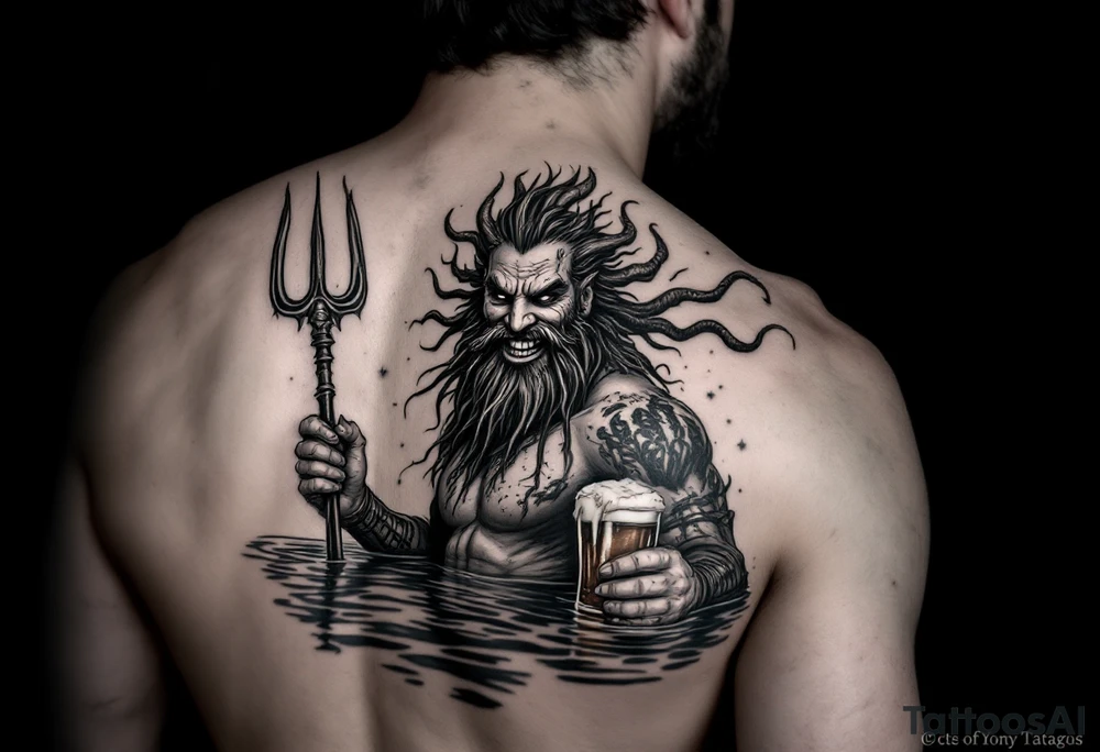 smiling poseidon, with a trident, in calm water, holding a beer tattoo idea
