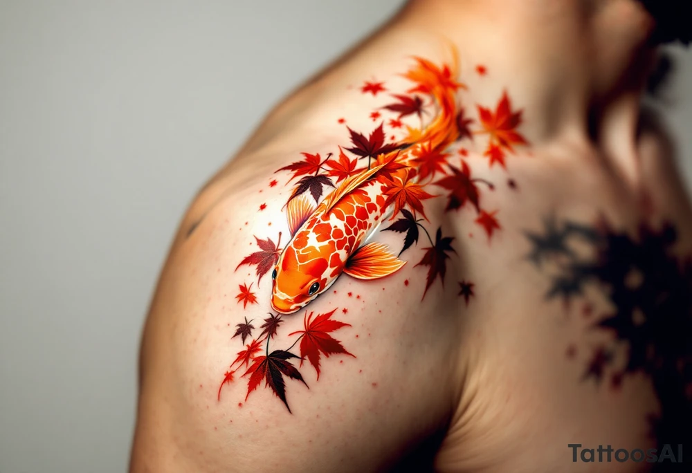Fiery Orange Koi with Maple Leaves – A bright orange koi fish darting through falling red and brown Japanese maple leaves, embodying change and seasonal flow. tattoo idea
