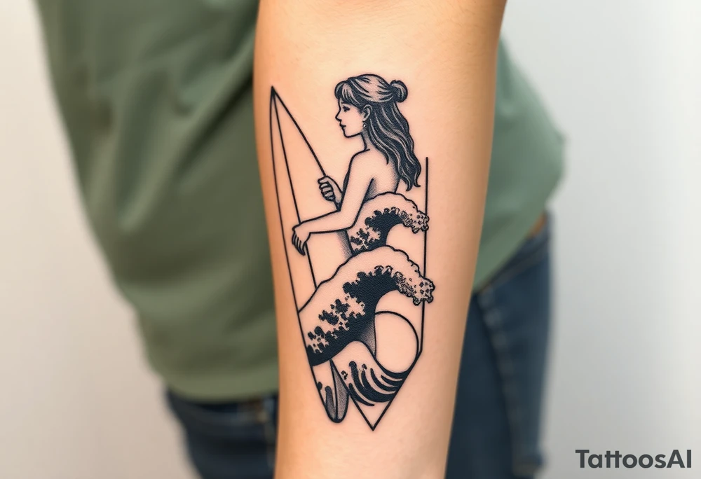New school geometrical concept tattoo with the girl holding surfboard in a vertical position her face is turned 60 degrees to out side, the bottom part of a body is showed, on the right side of a tattoo is the realistic wave closed in a frame. And the bottom of a taro is a palenesiab sun. Link the objects based on new school geometry tattoos. tattoo idea