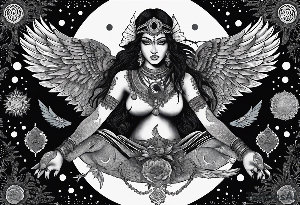 black kali, goddess pirate, alien, angel, pachamama, valkrye, warrior, flying, skull, lotus azul, wing, eagle, zenza resonance, stars, 5D, anahata chakra, death, durga, riding on a tiger, flying lady, kundalini, chest tatoo, samuri, rebel,serpent tattoo idea