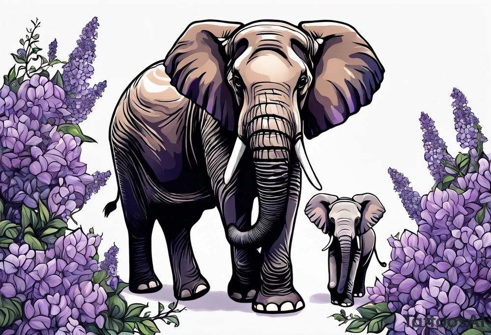 Elephant passing lilacs to a baby elephant tattoo idea