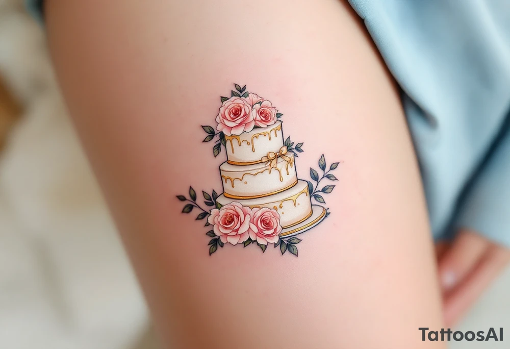 A vintage-style wedding cake tattoo with three tiers, adorned with floral accents (roses, hydrangeas), and topped with a small, delicate bow. Ivory cake with soft pink and peach flowers, gold accents, and a light cream ribbon. tattoo idea