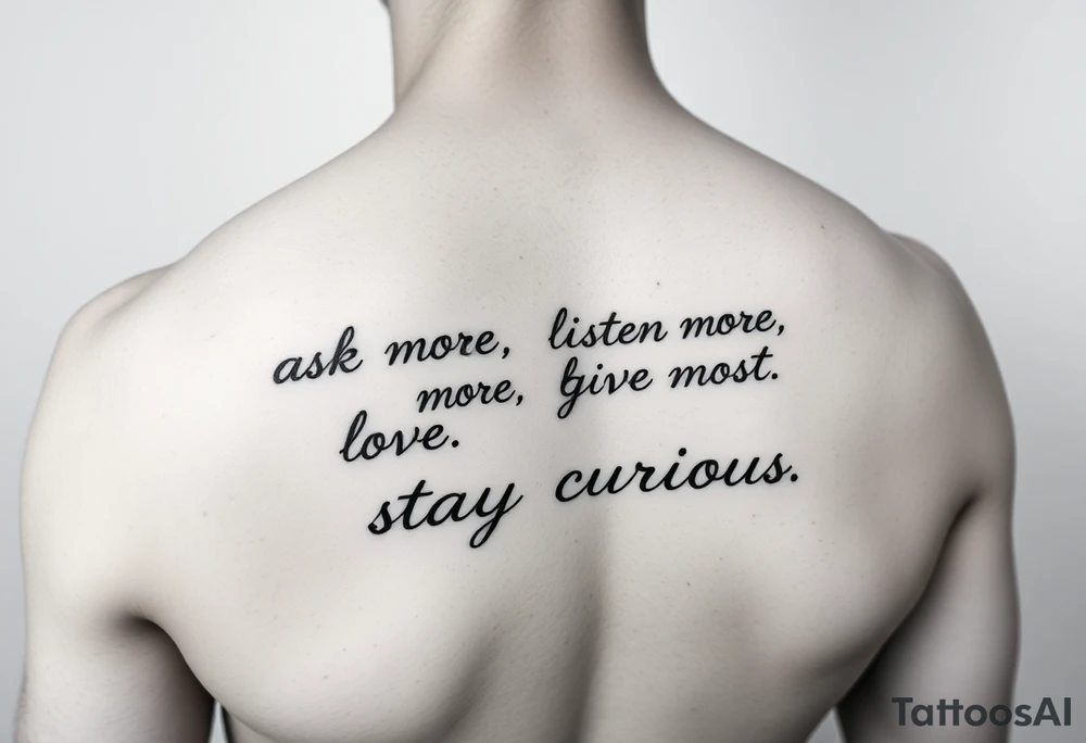 a tattoo on a man's front left clavicle that reads ask more. listen more. give more. love first. stay curious. tattoo idea