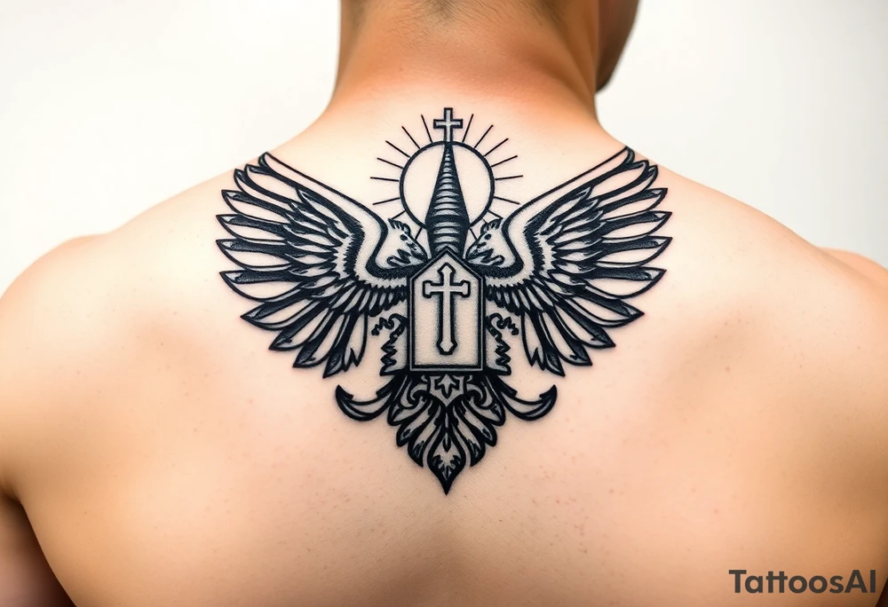 russian coat of arms with both heads visible & wings spanning out on my back neck across on to my shoulders / traps with a orthodox christian church being visible in a mountainous sun beaming setting, with the russian orthodox cross spire of the orthodox church being visible on my neck with a sun beaming in the background that the cross sits inside tattoo idea