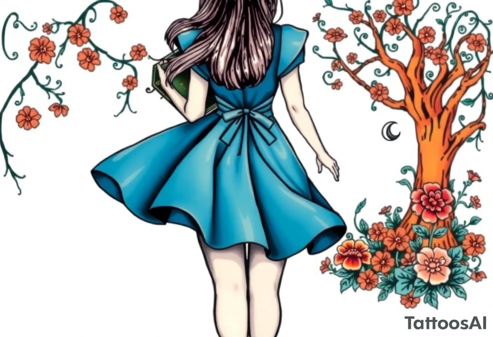 Alice (from Alice in wonderland) silhouette wearing a blue dress. Perspective from the back. She is caring a book, entering a garden with flowers and an orange tree tattoo idea