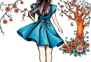 Alice (from Alice in wonderland) silhouette wearing a blue dress. Perspective from the back. She is caring a book, entering a garden with flowers and an orange tree tattoo idea