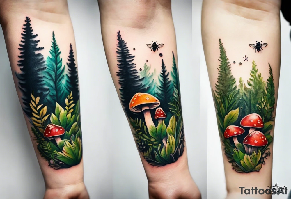 minimalistic forest floor inspired tattoo, which includes grass, moss, curly ferns and dead leaves as the bulk of the tattoo. details to include: forest berries, couple of very small brown mushrooms, a tiny bumblebee flying nearby tattoo idea