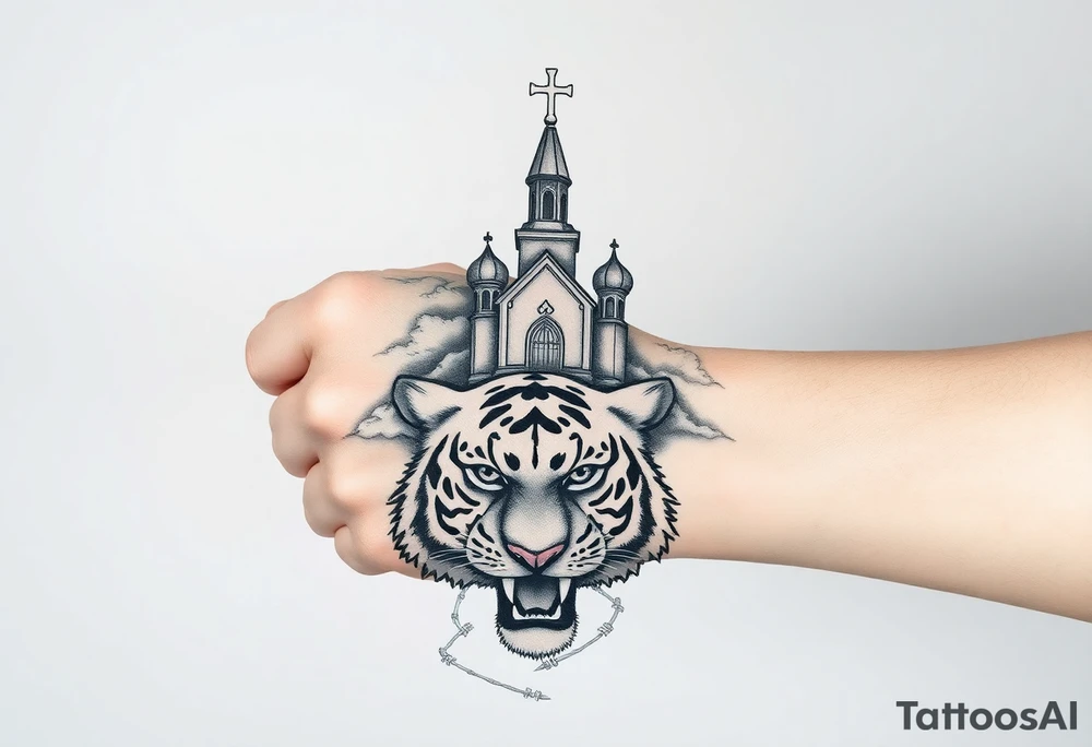 Non cartoon looking tiger on the hand with barb wire at the bottom and then above the tiger do a traditional Russian Orthodox Church with the orthodox traditional cross as the spire in non cartoon looking clouds then Virgin Mary above overlooking with hands together on heart tattoo idea
