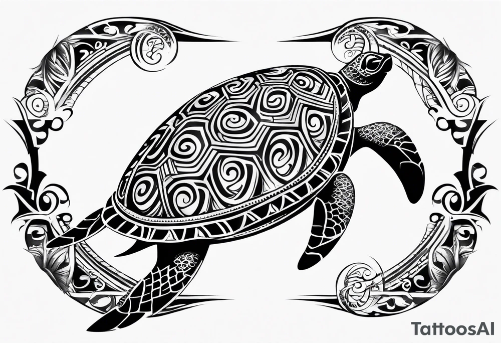 Full Polynesian tribal sleeve with turtle on top on arm tattoo idea