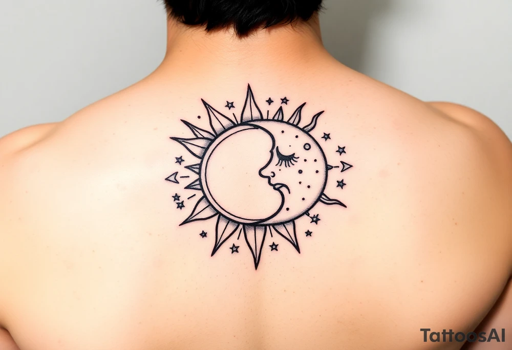 celestial sun and moon embrace with constellation patterns tattoo idea