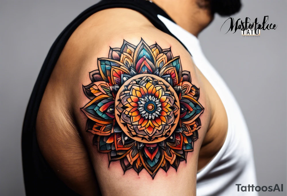 simple male mandala elbow tattoo in fall colors tattoo idea