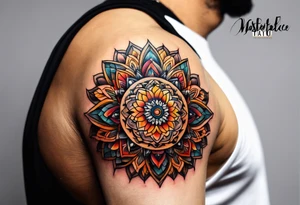 simple male mandala elbow tattoo in fall colors tattoo idea